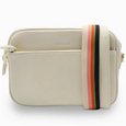Beige crossbody bag with a colorful strap on a white background