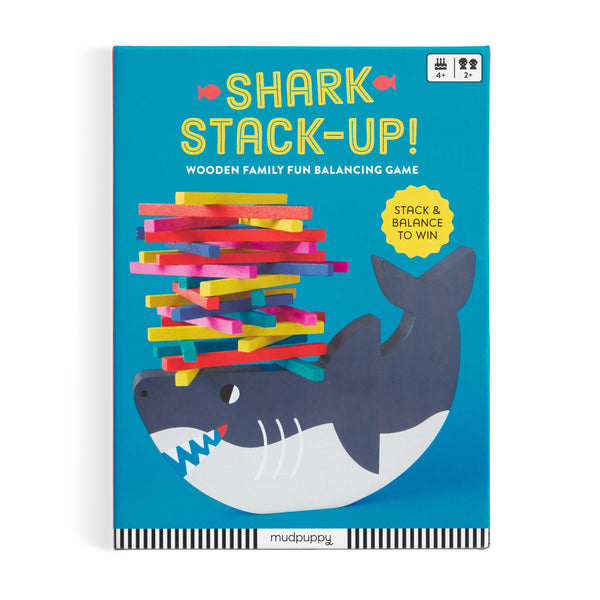 Shark Stack-Up! wooden family fun balancing game packaging with colorful shark illustration