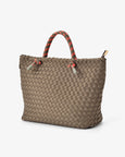 Woven handbag with plaid handles on a white background