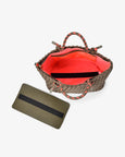 Woven handbag with red interior and a matching pouch on a white background