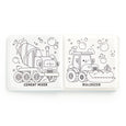 Coloring book open to pages with cement mixer and bulldozer illustrations on a white background.