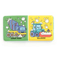 Two children's educational cards featuring a cement mixer and a bulldozer on a white background.