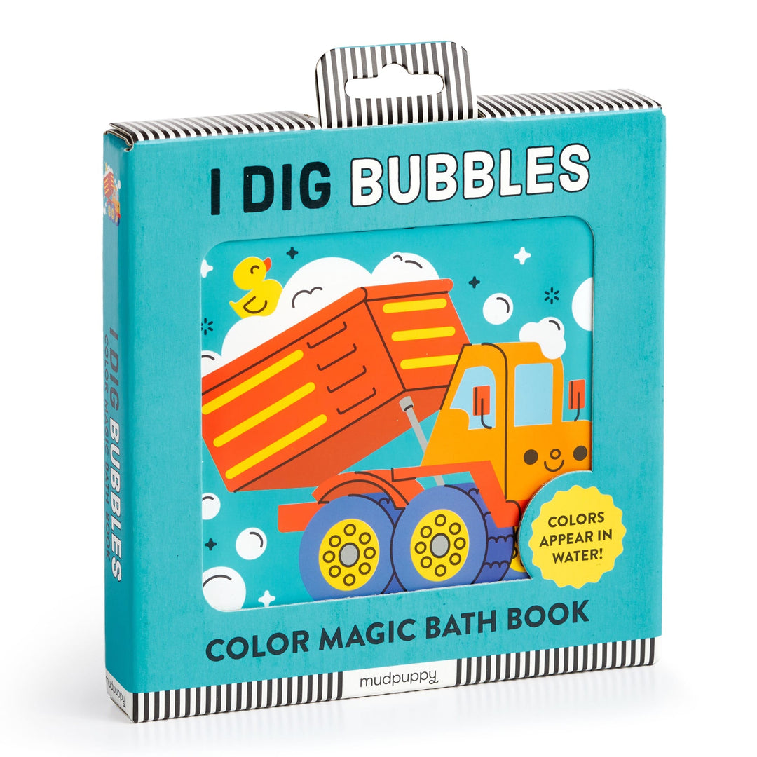 Color magic bath book packaging with a dump truck and duck illustration on a blue background