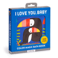 Color magic bath book packaging with toucan design and 'I Love You, Baby' text.