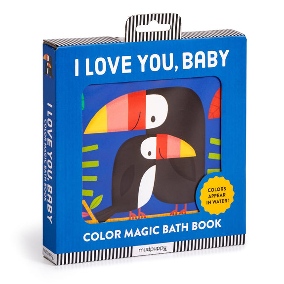 Color magic bath book packaging with toucan design and 'I Love You, Baby' text.