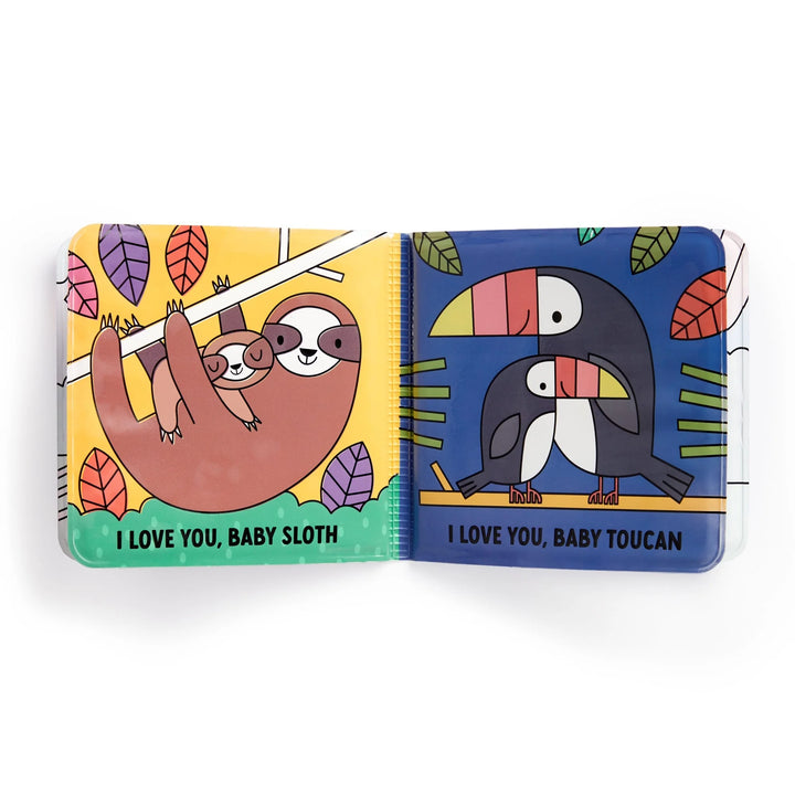 Children's book with illustrations of a sloth and a toucan on a white background
