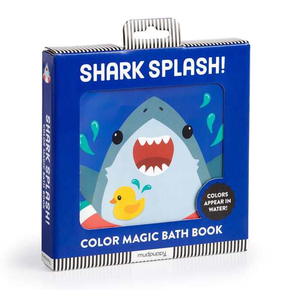 Color magic bath book packaging with shark illustration and rubber duck on a blue background