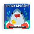 Children's bath book titled 'Shark Splash!' with a shark and rubber duck illustration on a blue background.