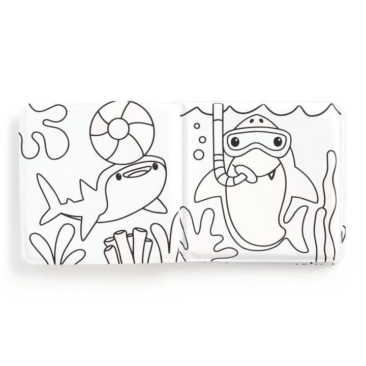 Coloring book with shark illustrations on a white background