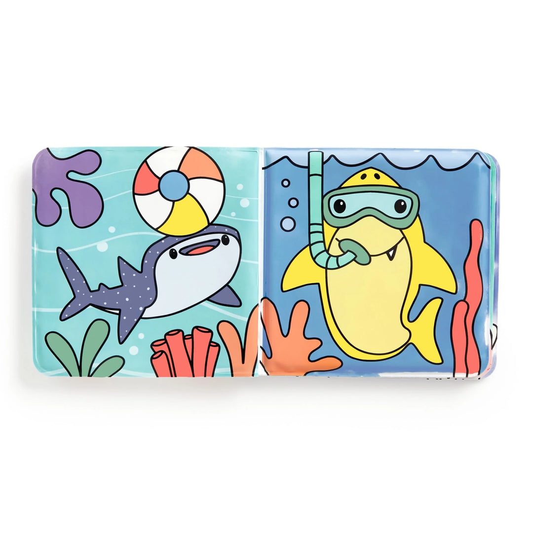 Children's book with cartoon sharks on a blue background