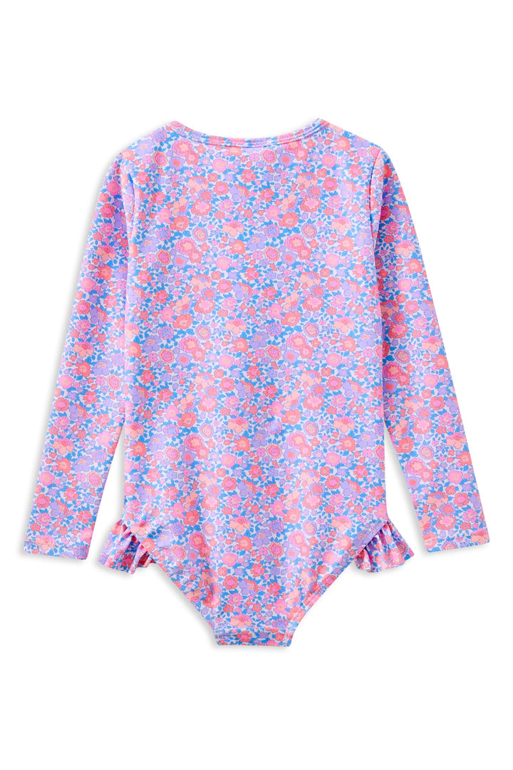 Floral patterned swimsuit with long sleeves on a white background