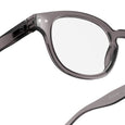 Close-up of a gray eyeglasses frame on a white background