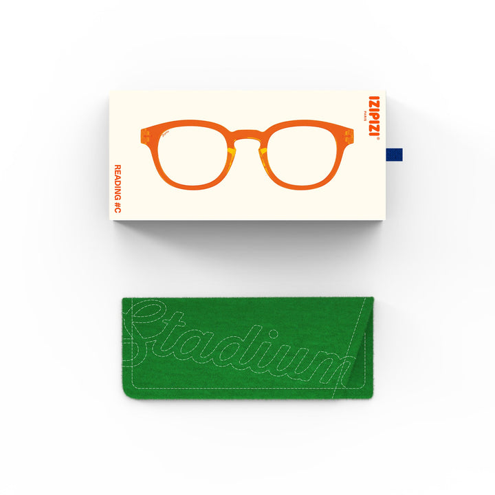 Green glasses case with 'Stadium' text on a white background