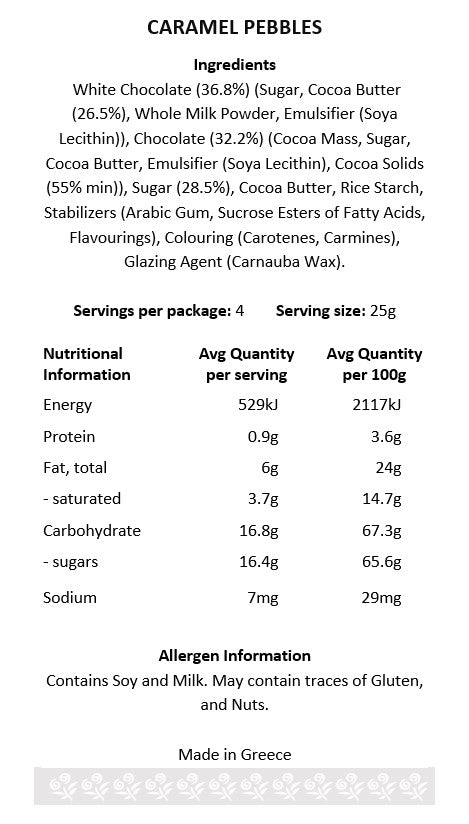 Nutritional information and ingredient list for Caramel Pebbles on a white background