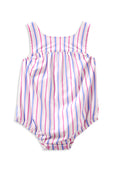 Striped baby romper with pink, blue, and white pattern on a white background