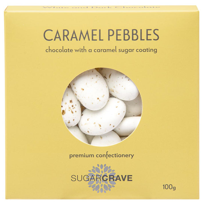 Box of Caramel Pebbles with a clear window showing the product, on a white background.