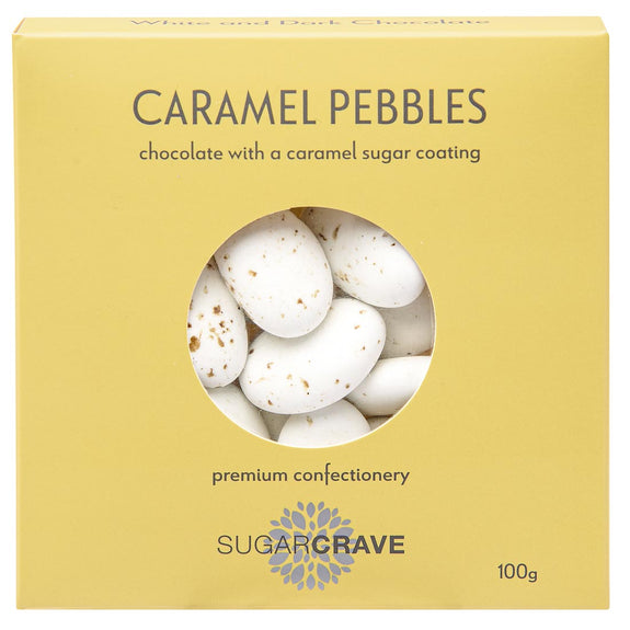 Box of Caramel Pebbles with a clear window showing the product, on a white background.