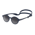 Navy sunglasses with a strap on a white background