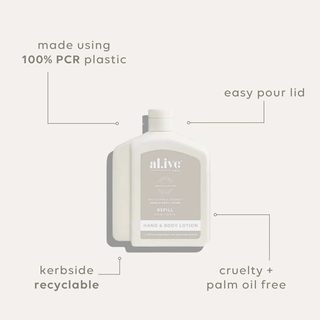 White bottle of hand and body lotion with features highlighted on a white background