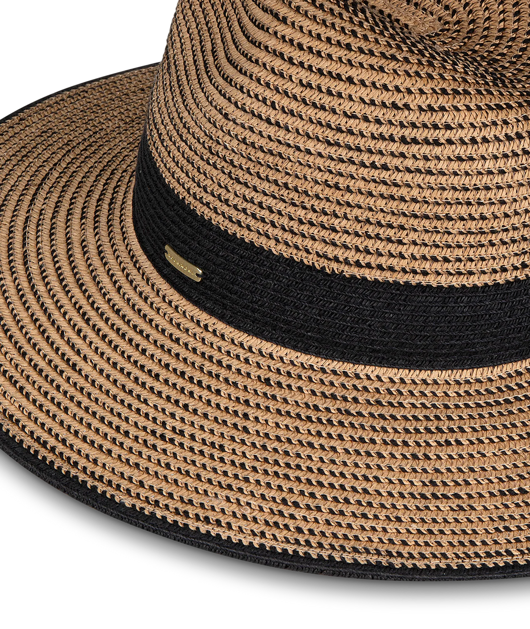 Beige straw hat with black rim on a white background