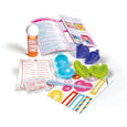 Children's craft kit with colorful plastic tools and instructions on a white background