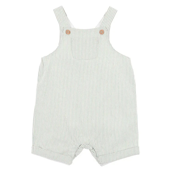 Bebe White and green striped baby romper with button straps on a white background