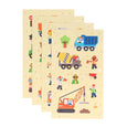 Three children's activity books with construction-themed illustrations on a beige background.