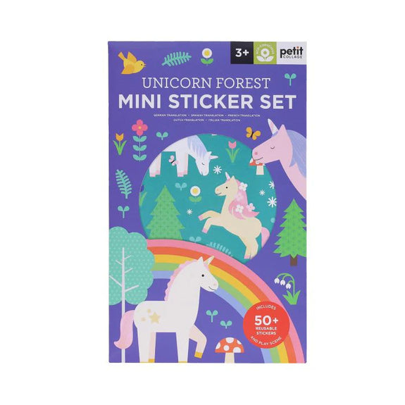 Unicorn Forest Mini Sticker Set packaging with unicorns, trees, and a rainbow on a purple background.