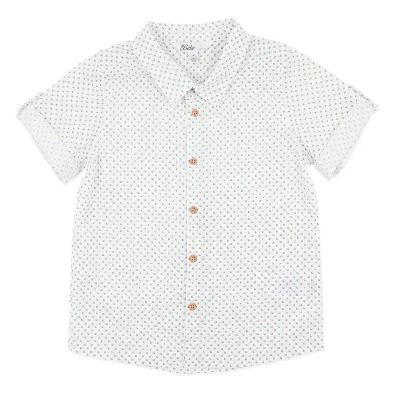 Bebe White shirt with small pattern and brown buttons on a white background