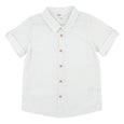 Bebe White shirt with small pattern and brown buttons on a white background