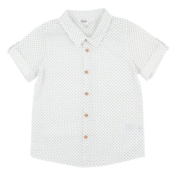 Bebe White shirt with small pattern and brown buttons on a white background