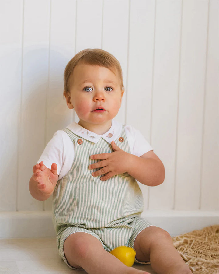 Baby wearing a Bebe green striped romper with a white shirt underneath, sitting on a wooden floor.