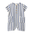 Striped baby romper with button details on a white background