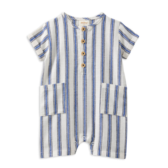 Striped baby romper with button details on a white background