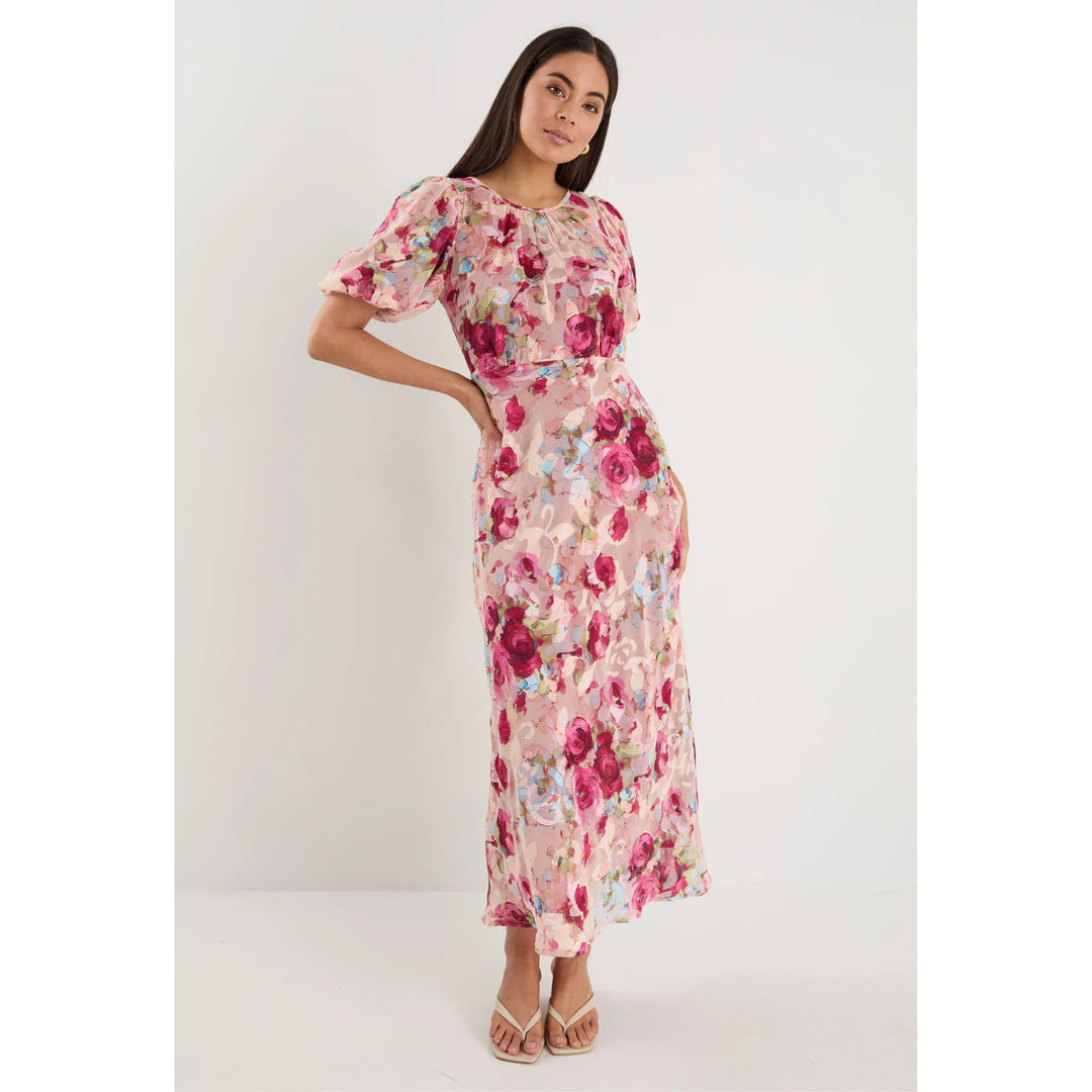 Exquisite Painted Rose Puff Sleeve Midi Dress