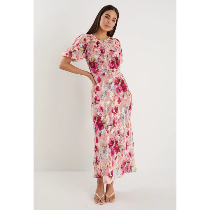Exquisite Painted Rose Puff Sleeve Midi Dress