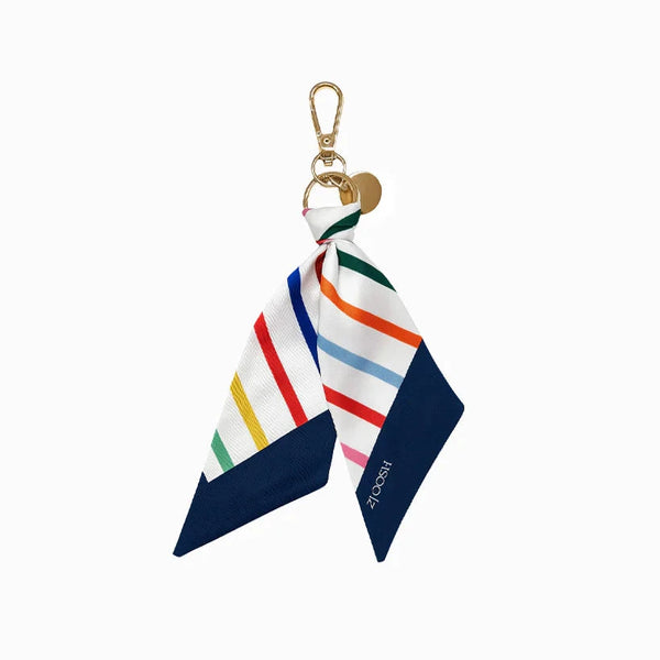 Colorful striped keychain with a gold clasp on a white background