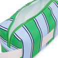 Striped pencil case with green, blue, and white pattern on a white background