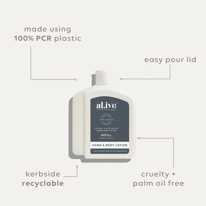 Hand and body lotion refill bottle with features highlighted on a white background