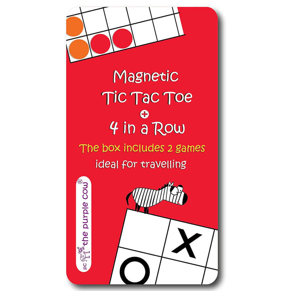 Red packaging of Magnetic Tic Tac Toe + 4 in a Row game set with zebra illustration.