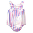 Striped baby romper with pink buttons on a white background