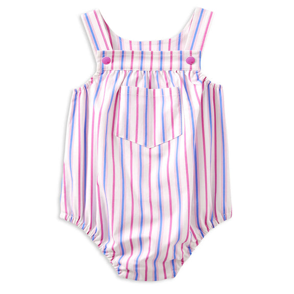 Striped baby romper with pink buttons on a white background