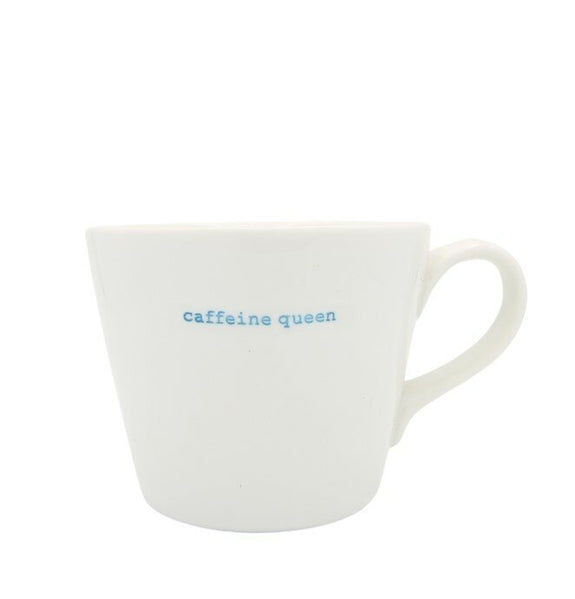 White mug with 'cafeine queen' text on a white background