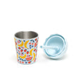 Children's stainless steel cup with fruit pattern and matching lid on a white background