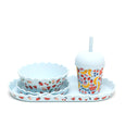Set of children's tableware with a bowl, cup, and tray featuring fruit patterns on a white background.