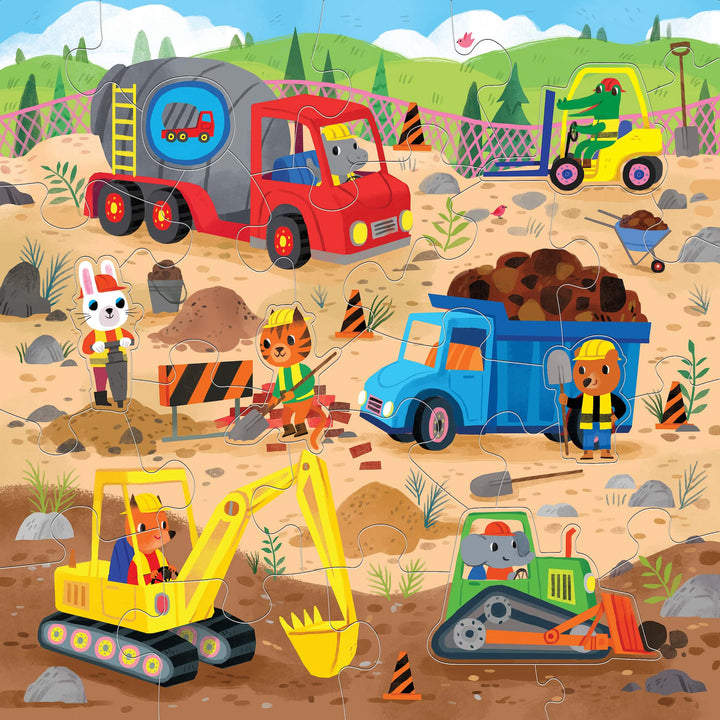 Children's puzzle with cartoon construction vehicles and animals in a挖土场景