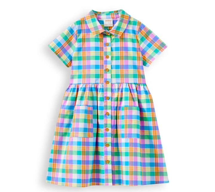 A short-sleeve plaid dress for toddlers or girls, featuring a button-down front, pointed collar, and two front patch pockets. The dress has a vibrant multicolor plaid pattern with shades of pink, blue, green, yellow, and orange on a white base, photographed against a clean white background.