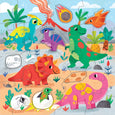 Colorful dinosaur puzzle with various dinosaurs and a volcano in the background