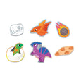 Set of colorful dinosaur-themed stickers on a white background