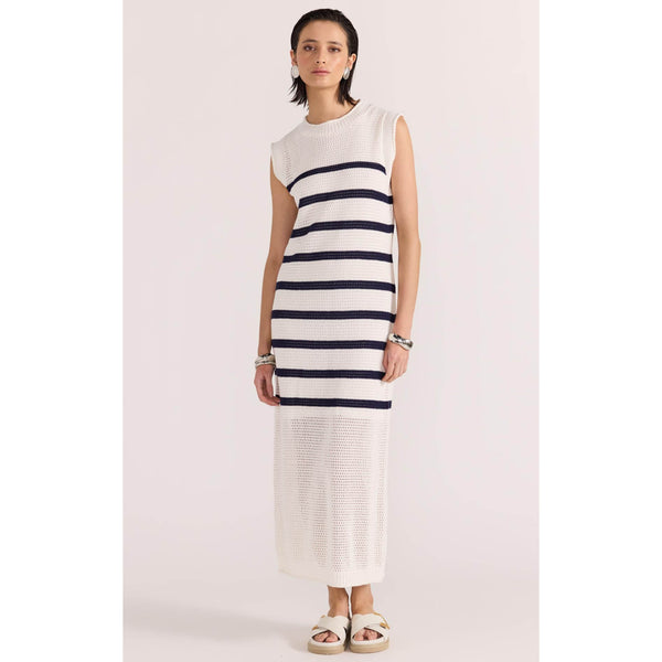 The Veda Stripe Midi Dress by Staple the Label features an open knit fabrication in 100% cotton, and a nautical white and navy striped pattern, available from www.thecollectivenz.com